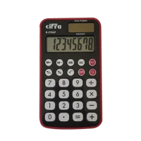 Calculadora de bolsillo Cifra modelo B278AP negra con bordes rojos vista frontal