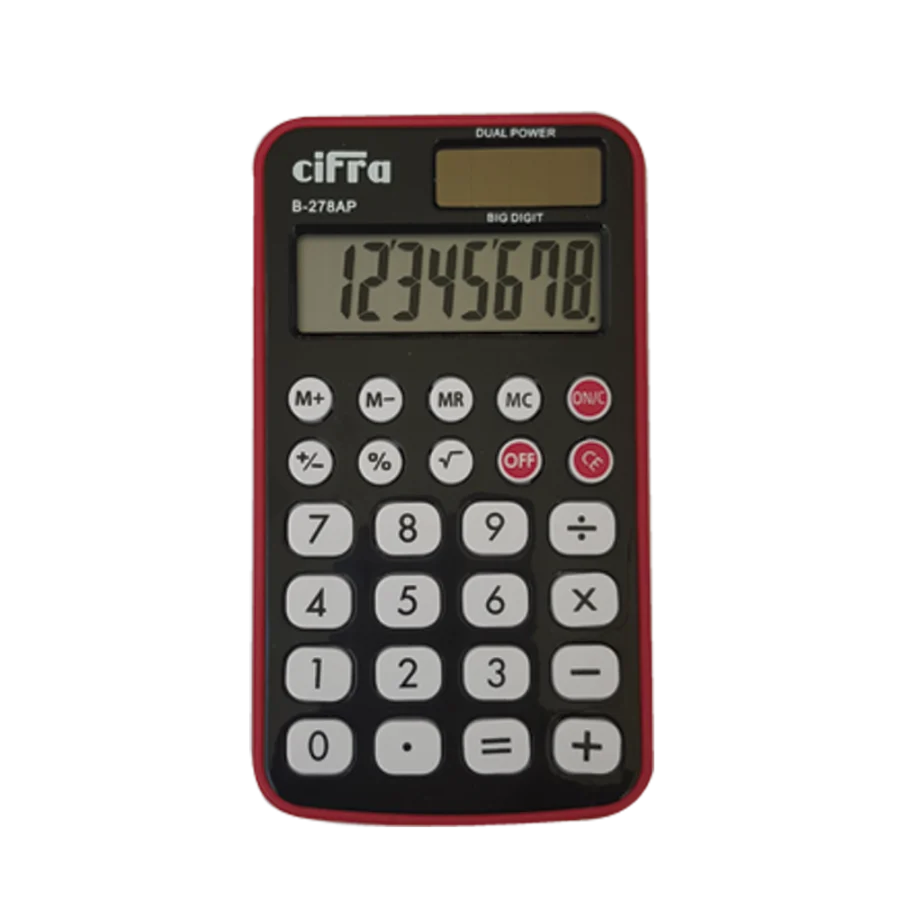 Calculadora de bolsillo Cifra modelo B278AP negra con bordes rojos vista frontal