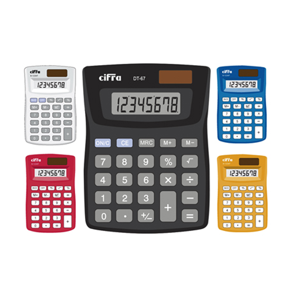 Calculadoras de escritorio con visor grande en varios colores, ideal para oficina y uso escolar.