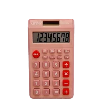 Cifra B-228AP/ Calculadora de Bolsillo Calculadora de Bolsillo 8 Dígitos grandes 4 memorias Tecla +/- Porcentaje Raíz cuadrada Tecla CE para borrar el último ingreso Alimentación dual Solar y Batería Dimensiones:113 x 65 x 10mm Disponible en verde claro, rosa y celeste